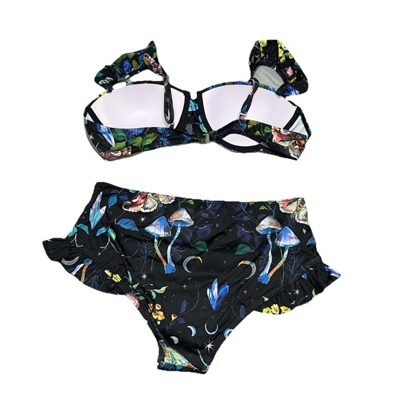 SOLD Women’s L Two Piece Bathing Suit Lunar Moth Mushrooms Padded Ruffle Accents - Picture 2 of 11